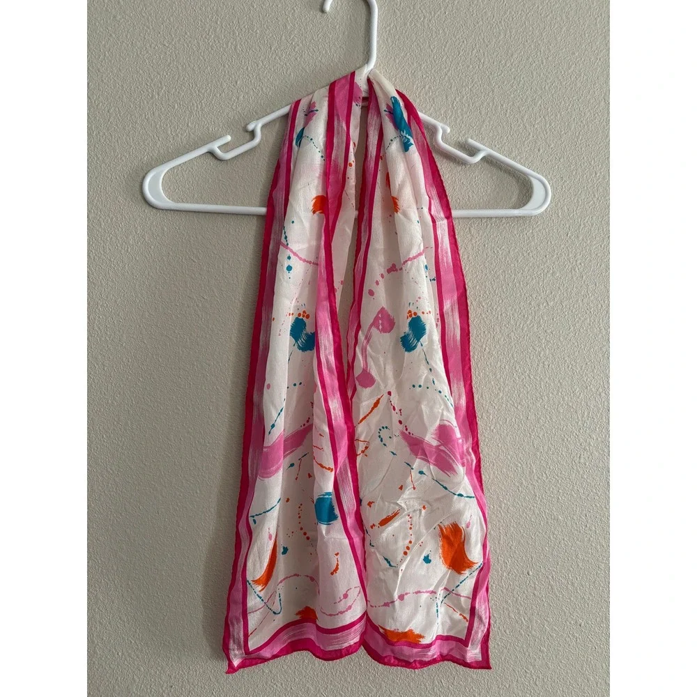 Vintage Elorian 100% Silk Neck Scarf White Pink Abstract Paint Japan Art to Wear